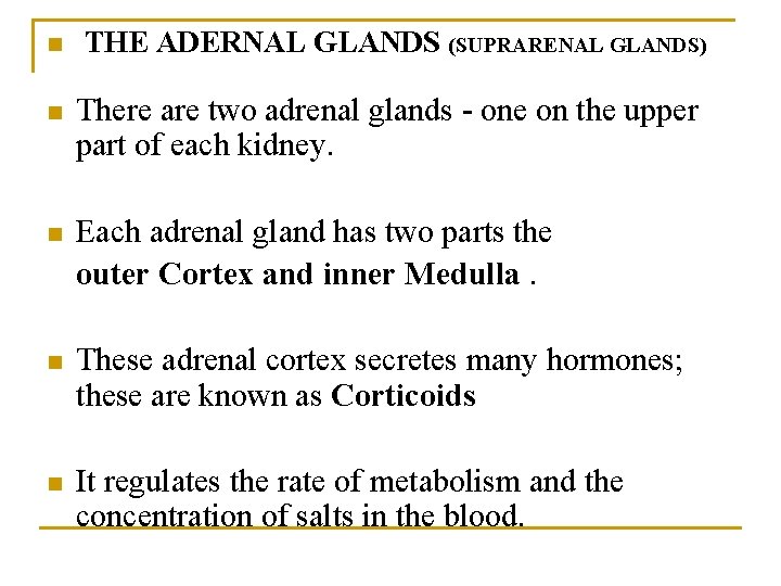 n THE ADERNAL GLANDS (SUPRARENAL GLANDS) n There are two adrenal glands - one