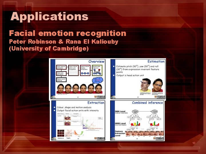 Applications Facial emotion recognition Peter Robinson & Rana El Kaliouby (University of Cambridge) 13