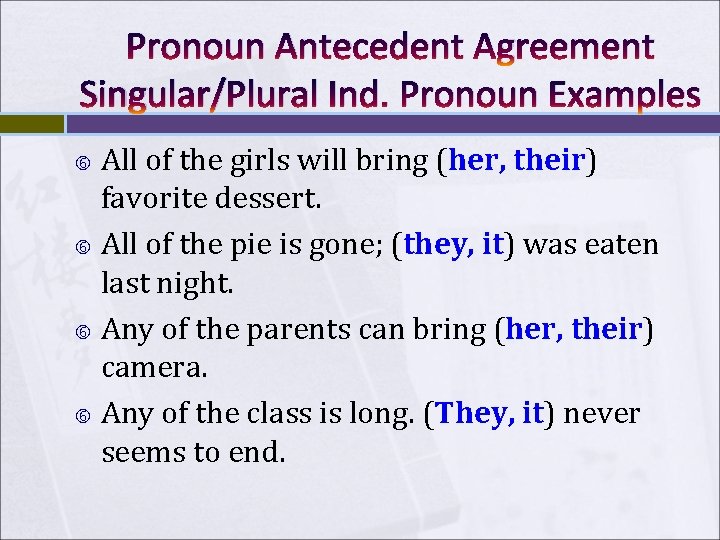 Pronoun Antecedent Agreement Singular/Plural Ind. Pronoun Examples All of the girls will bring (her,