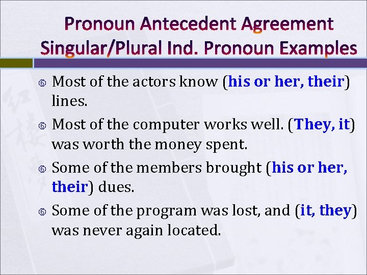 Pronoun Antecedent Agreement Singular/Plural Ind. Pronoun Examples Most of the actors know (his or