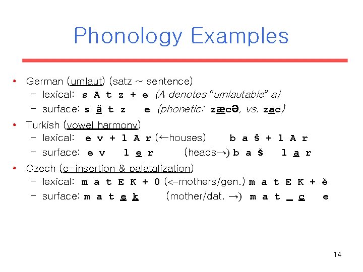 Phonology Examples • German (umlaut) (satz ~ sentence) – lexical: s A t z Phonology Examples • German (umlaut) (satz ~ sentence) – lexical: s A t z