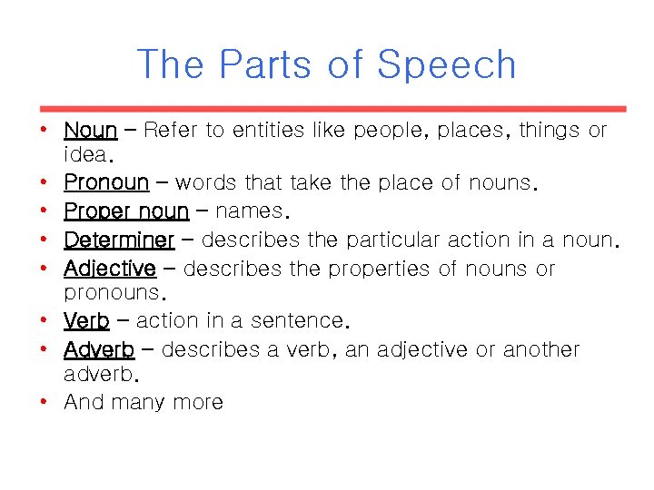 The Parts of Speech • Noun – Refer to entities like people, places, things The Parts of Speech • Noun – Refer to entities like people, places, things