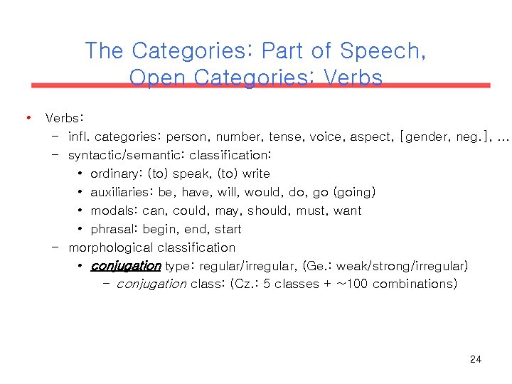 The Categories: Part of Speech, Open Categories: Verbs • Verbs: – infl. categories: person, The Categories: Part of Speech, Open Categories: Verbs • Verbs: – infl. categories: person,