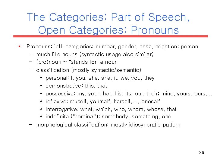 The Categories: Part of Speech, Open Categories: Pronouns • Pronouns: infl. categories: number, gender, The Categories: Part of Speech, Open Categories: Pronouns • Pronouns: infl. categories: number, gender,