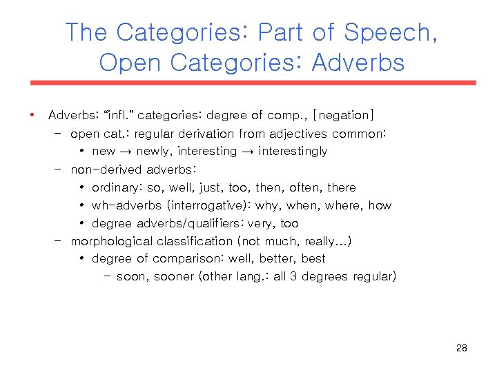 The Categories: Part of Speech, Open Categories: Adverbs • Adverbs: “infl. ” categories: degree The Categories: Part of Speech, Open Categories: Adverbs • Adverbs: “infl. ” categories: degree