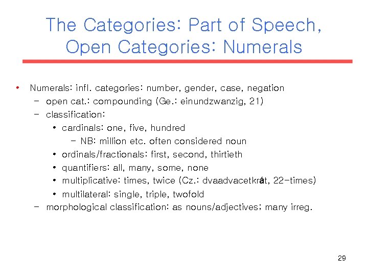 The Categories: Part of Speech, Open Categories: Numerals • Numerals: infl. categories: number, gender, The Categories: Part of Speech, Open Categories: Numerals • Numerals: infl. categories: number, gender,