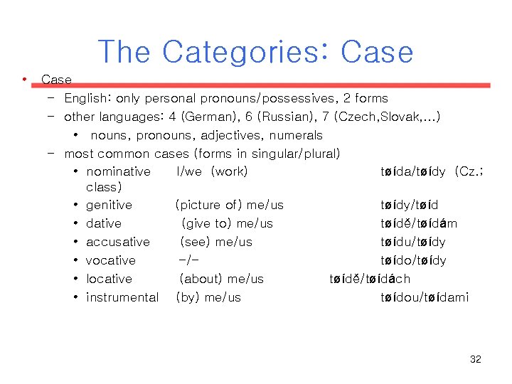 The Categories: Case • Case – English: only personal pronouns/possessives, 2 forms – other The Categories: Case • Case – English: only personal pronouns/possessives, 2 forms – other