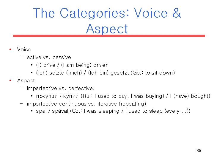 The Categories: Voice & Aspect • • Voice – active vs. passive • (I) The Categories: Voice & Aspect • • Voice – active vs. passive • (I)
