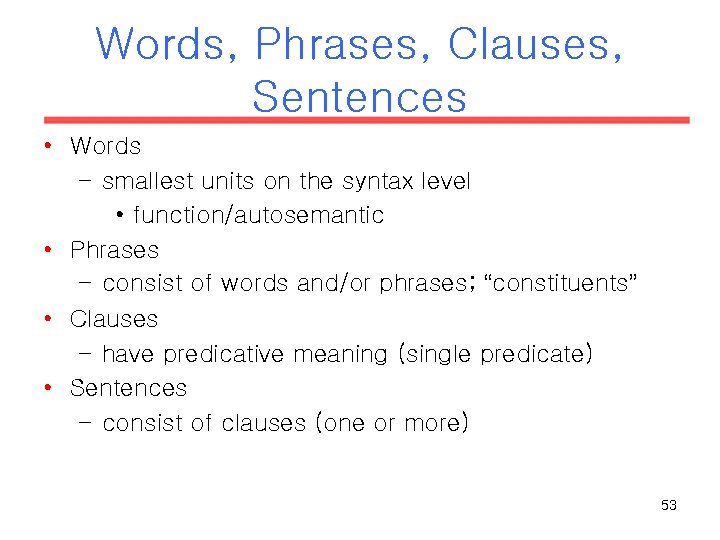 Words, Phrases, Clauses, Sentences • Words – smallest units on the syntax level • Words, Phrases, Clauses, Sentences • Words – smallest units on the syntax level •