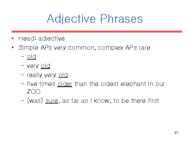 Adjective Phrases • Head: adjective • Simple APs very common, complex APs rare – Adjective Phrases • Head: adjective • Simple APs very common, complex APs rare –