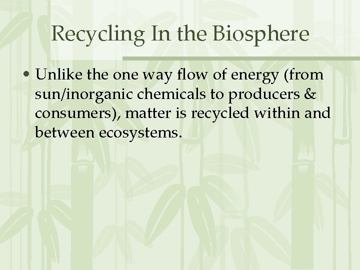 Recycling In the Biosphere • Unlike the one way flow of energy (from sun/inorganic