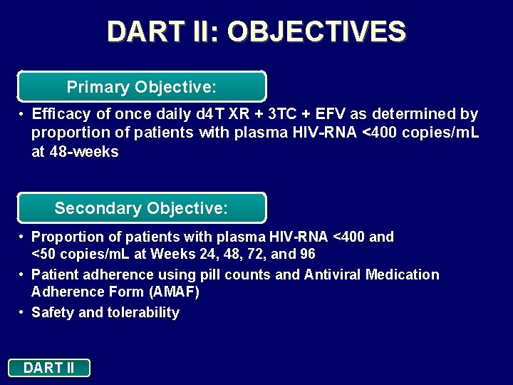 DART II: OBJECTIVES Primary Objective: • Efficacy of once daily d 4 T XR
