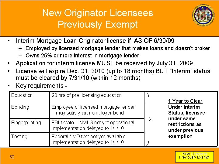 New Originator Licensees Previously Exempt • Interim Mortgage Loan Originator license if AS OF