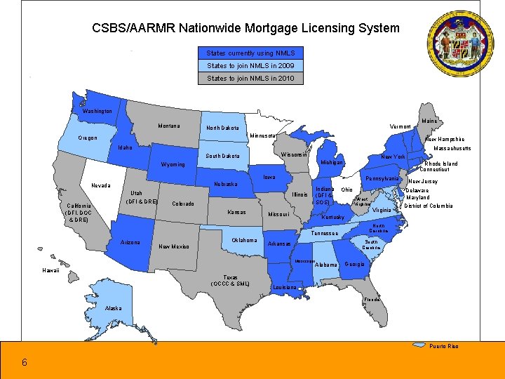 CSBS/AARMR Nationwide Mortgage Licensing System States currently using NMLS States to join NMLS in
