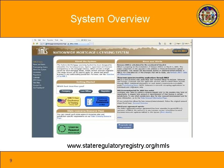 System Overview www. stateregulatoryregistry. org/nmls 9 