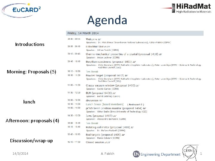 Agenda Introductions Morning: Proposals (5) lunch Afternoon: proposals (4) Discussion/wrap-up 14/3/2014 A. Fabich 1