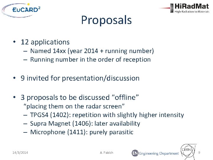 Proposals • 12 applications – Named 14 xx (year 2014 + running number) –