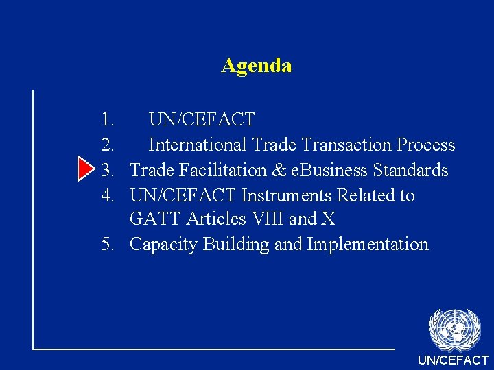 Agenda 1. UN/CEFACT 2. International Trade Transaction Process 3. Trade Facilitation & e. Business