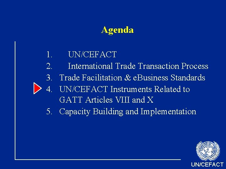 Agenda 1. UN/CEFACT 2. International Trade Transaction Process 3. Trade Facilitation & e. Business