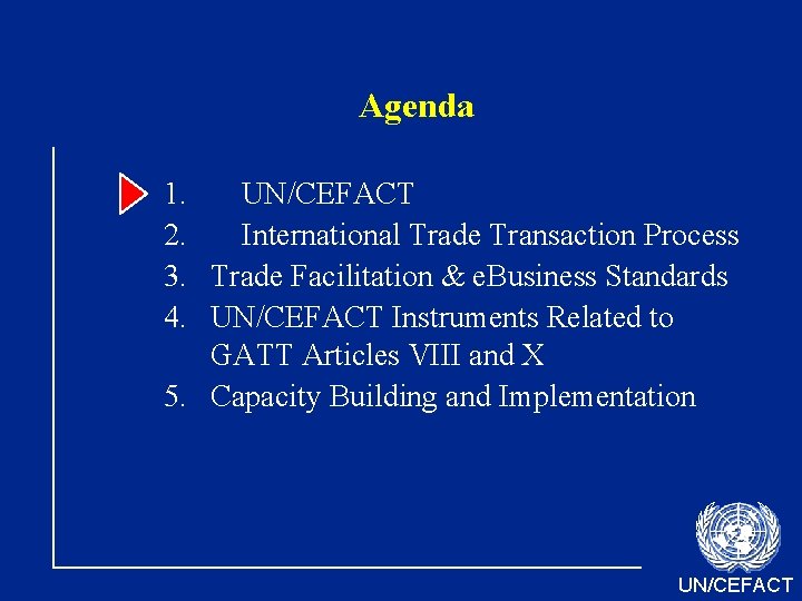 Agenda 1. UN/CEFACT 2. International Trade Transaction Process 3. Trade Facilitation & e. Business