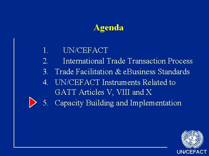 Agenda 1. UN/CEFACT 2. International Trade Transaction Process 3. Trade Facilitation & e. Business