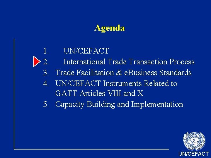 Agenda 1. UN/CEFACT 2. International Trade Transaction Process 3. Trade Facilitation & e. Business