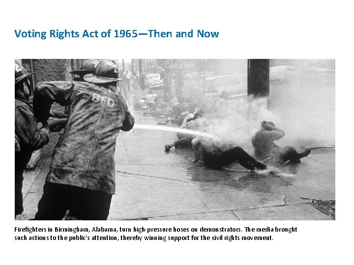 Voting Rights Act of 1965—Then and Now Firefighters in Birmingham, Alabama, turn high-pressure hoses