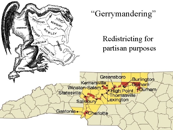 “Gerrymandering” Redistricting for partisan purposes 