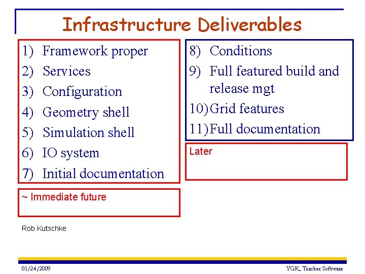Infrastructure Deliverables 1) 2) 3) 4) 5) 6) 7) Framework proper Services Configuration Geometry Infrastructure Deliverables 1) 2) 3) 4) 5) 6) 7) Framework proper Services Configuration Geometry