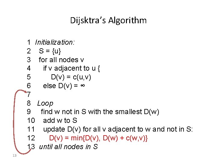 Dijsktra’s Algorithm 1 Initialization: 2 S = {u} 3 for all nodes v 4 Dijsktra’s Algorithm 1 Initialization: 2 S = {u} 3 for all nodes v 4