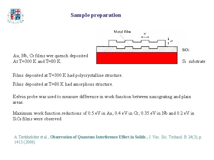 Sample preparation Au, Nb, Cr films wer quench deposited At T=300 K and T=80