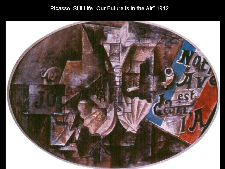 Picasso, Still Life “Our Future is in the Air” 1912 Picasso, Still Life “Our Future is in the Air” 1912