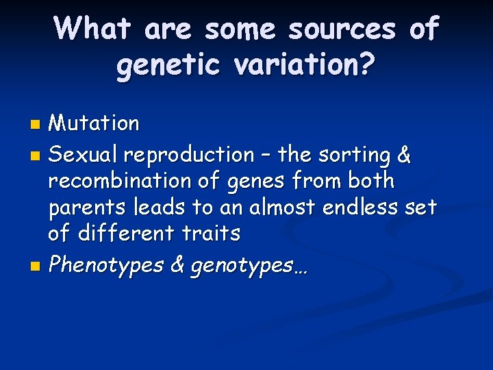 What are some sources of genetic variation? Mutation n Sexual reproduction – the sorting