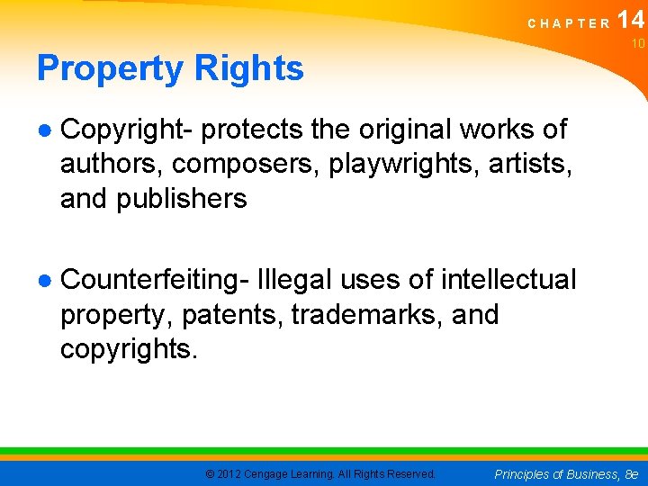 CHAPTER 14 10 Property Rights ● Copyright- protects the original works of authors, composers,