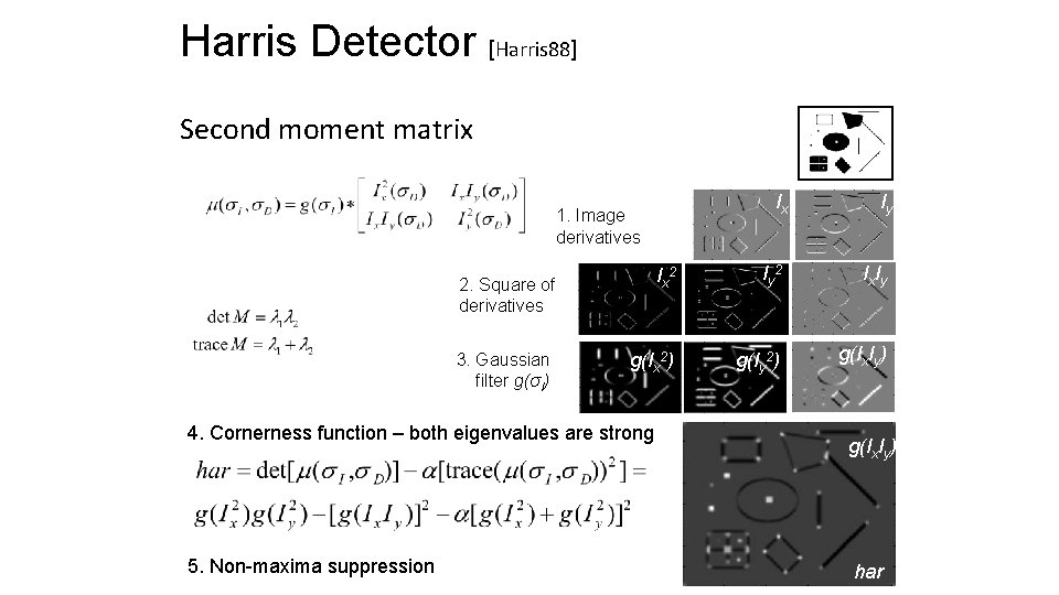 Harris Detector [Harris 88] Second moment matrix Ix Iy Ix 2 Iy 2 Ix