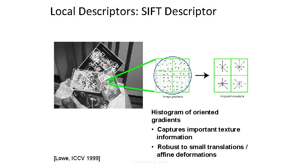 Local Descriptors: SIFT Descriptor [Lowe, ICCV 1999] Histogram of oriented gradients • Captures important
