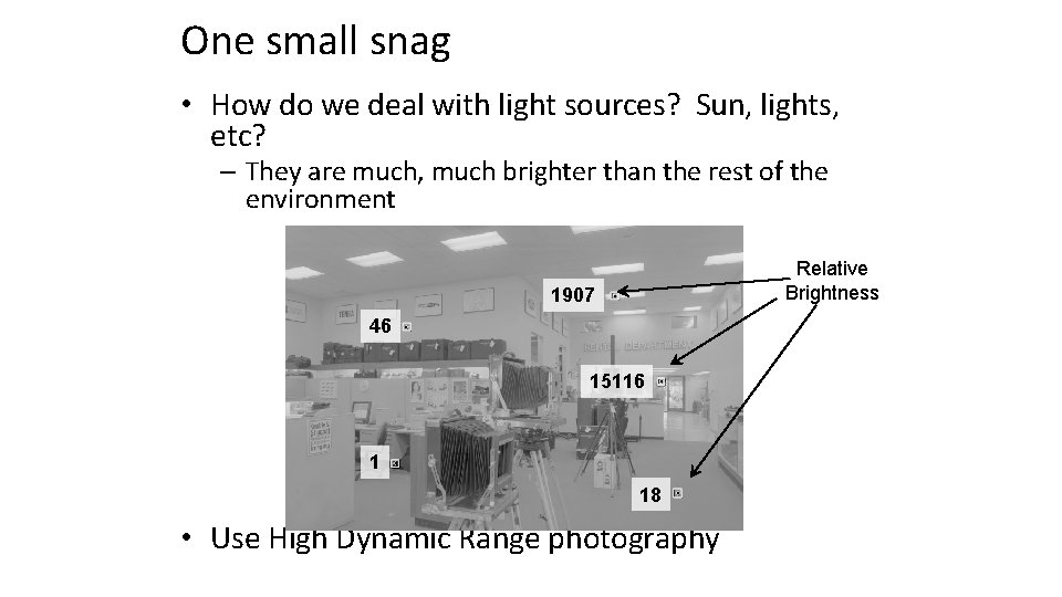 One small snag • How do we deal with light sources? Sun, lights, etc?