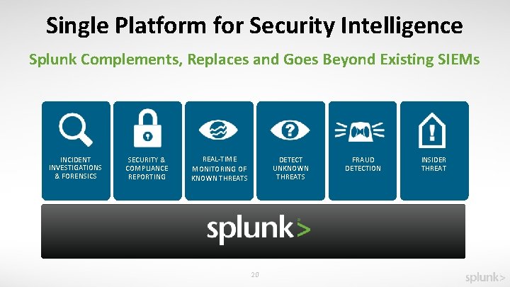 Single Platform for Security Intelligence Splunk Complements, Replaces and Goes Beyond Existing SIEMs INCIDENT
