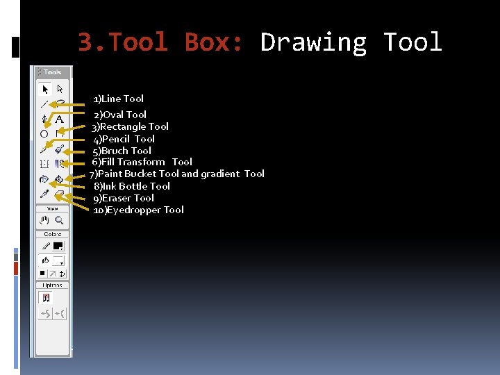 3. Tool Box: Drawing Tool 1)Line Tool 2)Oval Tool 3)Rectangle Tool 4)Pencil Tool 5)Bruch