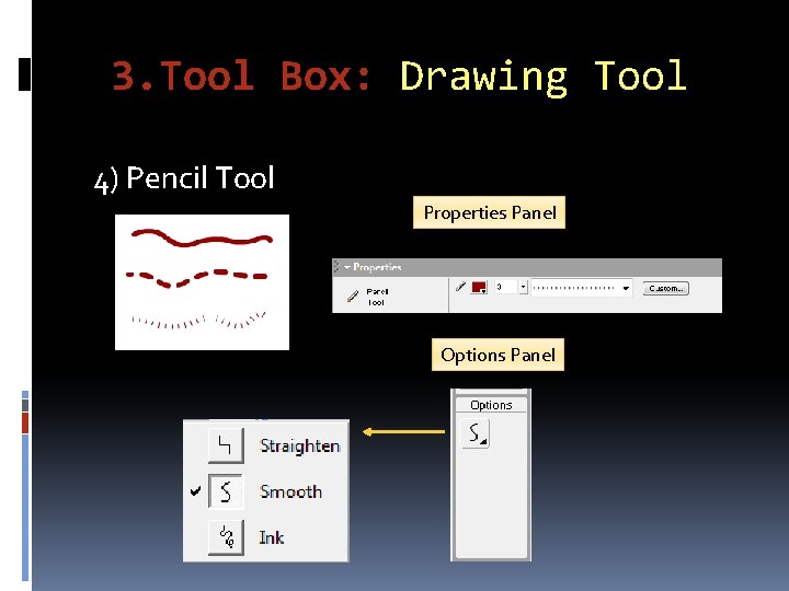 3. Tool Box: Drawing Tool 4) Pencil Tool Properties Panel Options Panel 