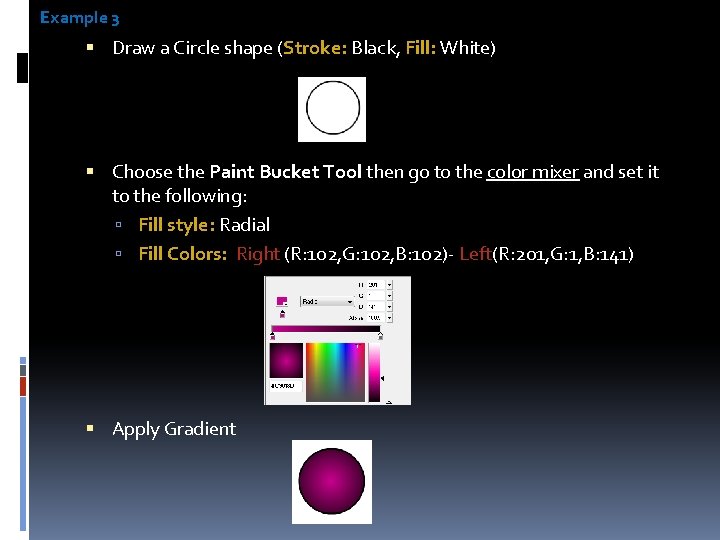  Example 3 Draw a Circle shape (Stroke: Black, Fill: White) Choose the Paint