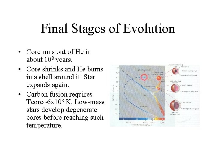 Final Stages of Evolution • Core runs out of He in about 108 years.