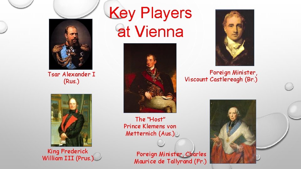 Key Players at Vienna Foreign Minister, Viscount Castlereagh (Br. ) Tsar Alexander I (Rus.