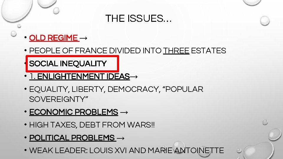 THE ISSUES… • OLD REGIME → • PEOPLE OF FRANCE DIVIDED INTO THREE ESTATES