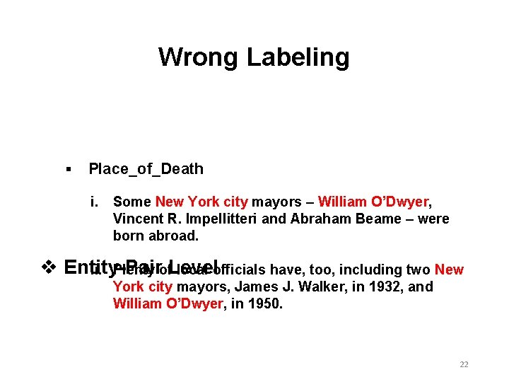 Wrong Labeling § Place_of_Death i. Some New York city mayors – William O’Dwyer, Vincent Wrong Labeling § Place_of_Death i. Some New York city mayors – William O’Dwyer, Vincent