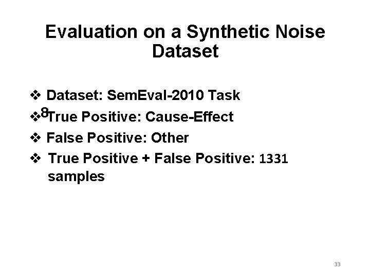 Evaluation on a Synthetic Noise Dataset v Dataset: Sem. Eval-2010 Task v 8 True Evaluation on a Synthetic Noise Dataset v Dataset: Sem. Eval-2010 Task v 8 True