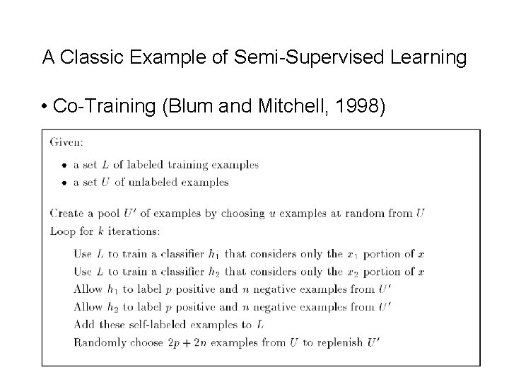 A Classic Example of Semi-Supervised Learning • Co-Training (Blum and Mitchell, 1998) 4 A Classic Example of Semi-Supervised Learning • Co-Training (Blum and Mitchell, 1998) 4