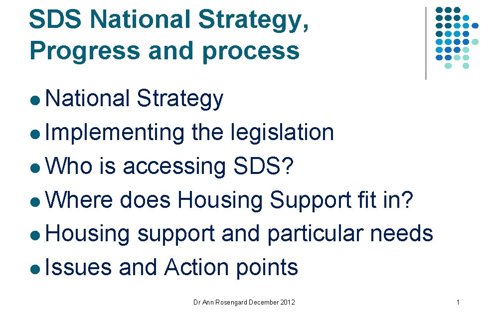 SDS National Strategy, Progress and process l National Strategy l Implementing the legislation l