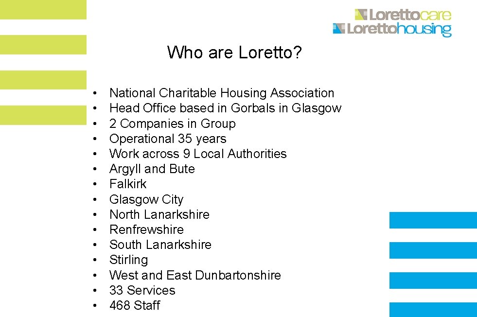 Who are Loretto? • • • • National Charitable Housing Association Head Office based