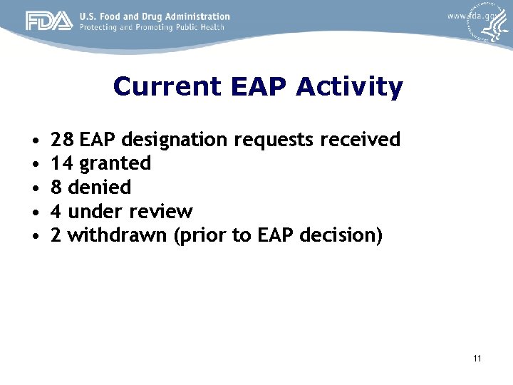 Current EAP Activity • • • 28 EAP designation requests received 14 granted 8 Current EAP Activity • • • 28 EAP designation requests received 14 granted 8